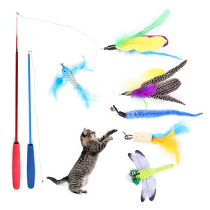 Eco Friendly Interactive Cat Toys / Cat Feather Teaser Wand With Feather supplier
